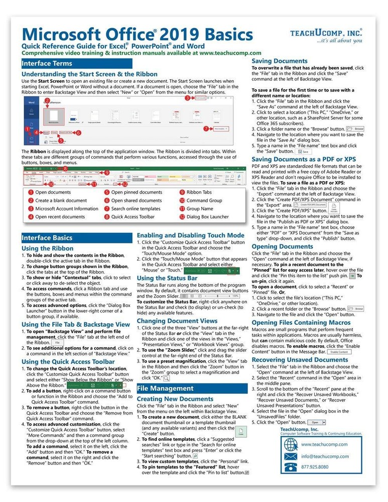 Microsoft Office 2019 Training Guide Quick Reference Card 2 Page Cheat Sheet