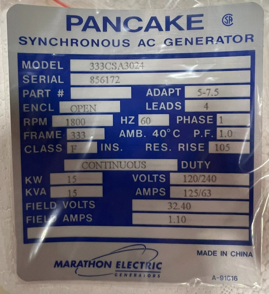 350357 - 15 KW 1PH 60Hz Marathon Generator