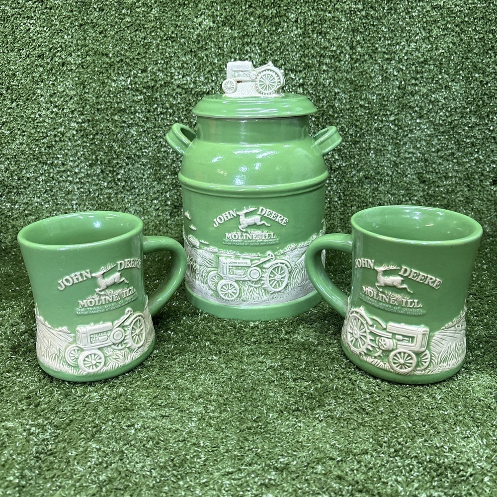 Vintage John Deere Cookie Jar And 2 Coffe Mugs