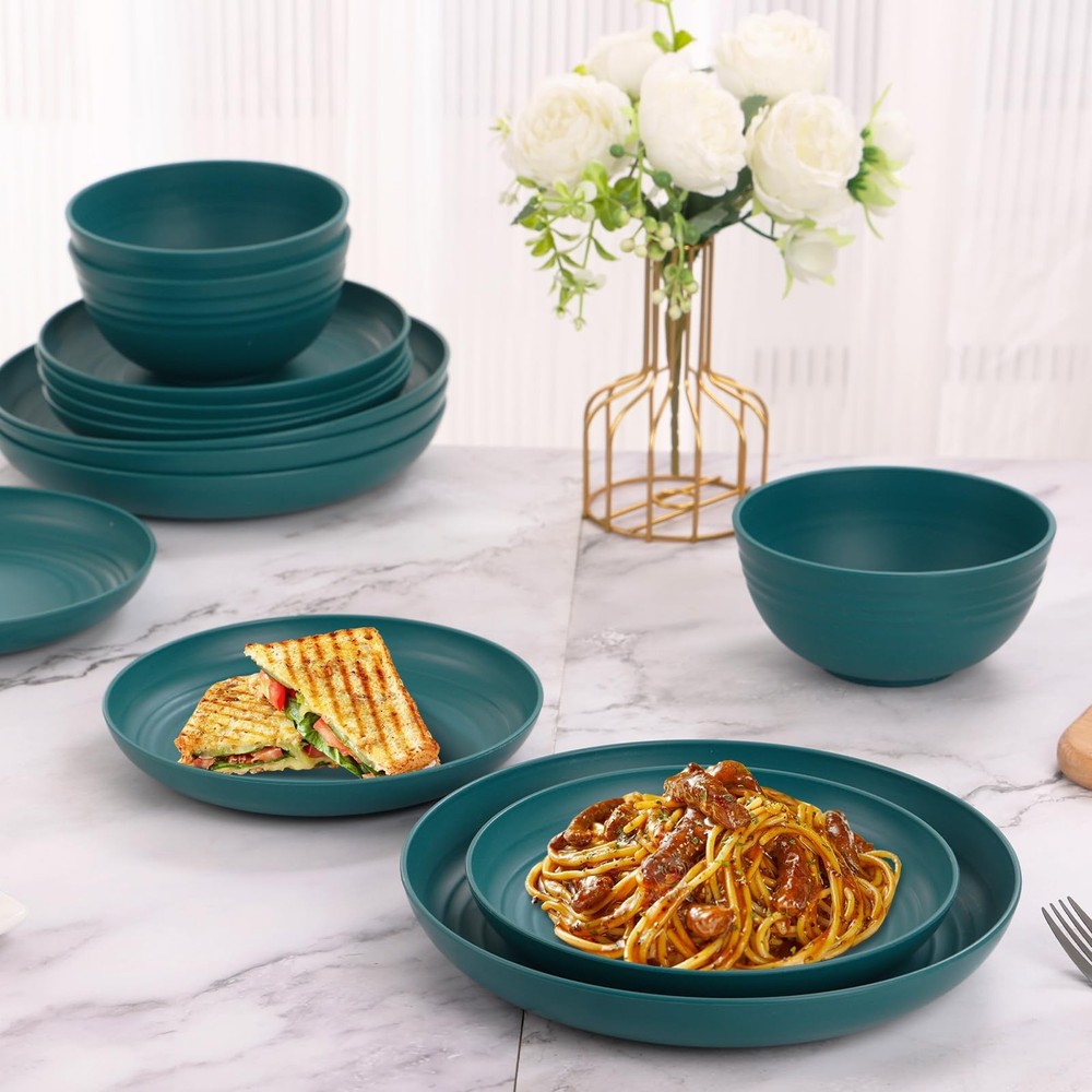 Dark Green Unbreakable Dinnerware Set, Plates & Bowls, Microwave Safe, Durable