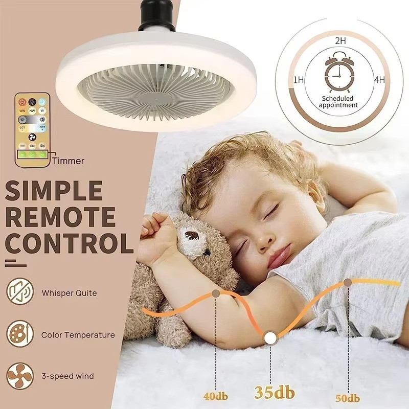 Fan For E27 Socket Light With Remote Ceiling Fan Adjustable Smart LED 3Speed AC