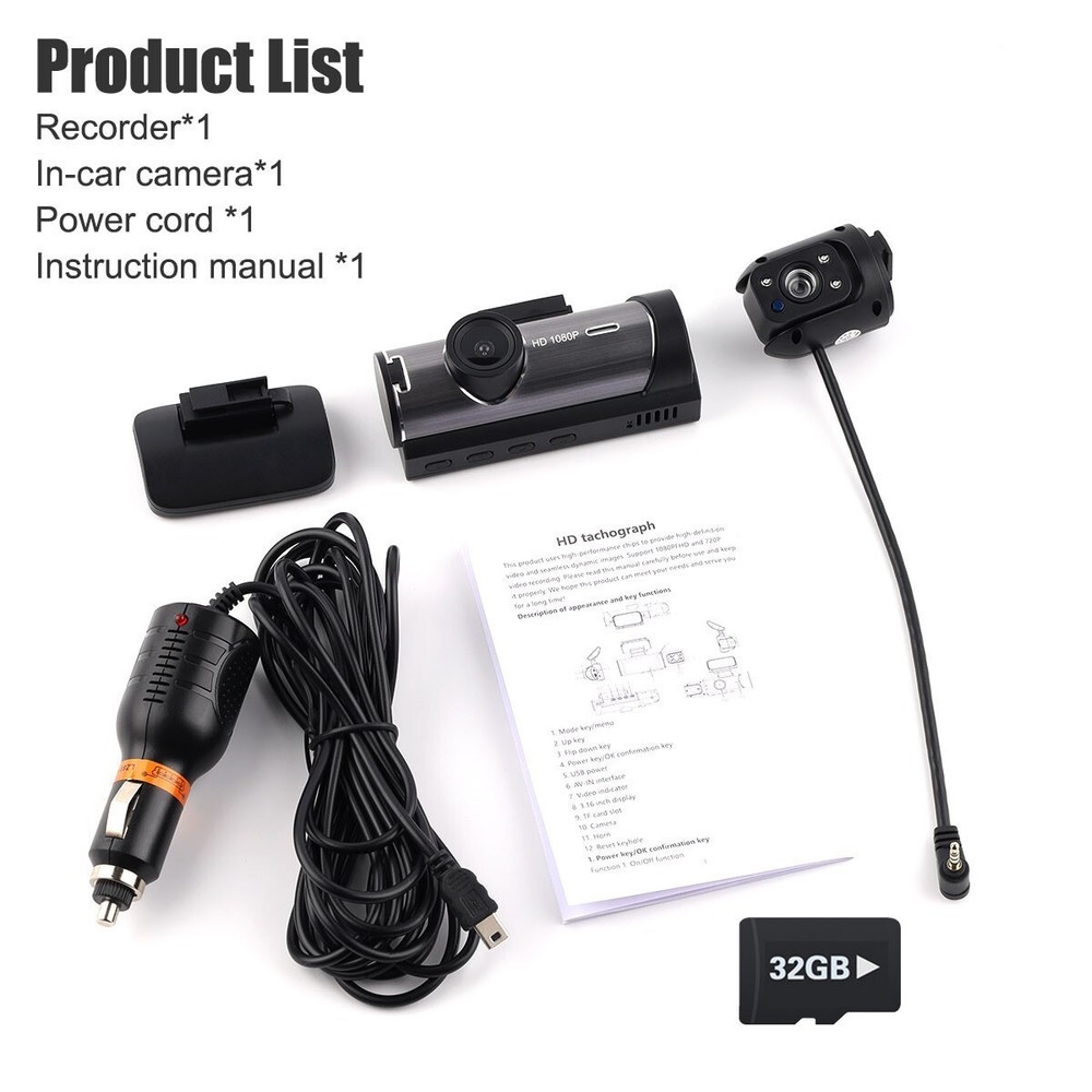 32GB+ Cars Dual Dash Camera Front and Inside DVR Dash Cam G-Sensor Night Vision