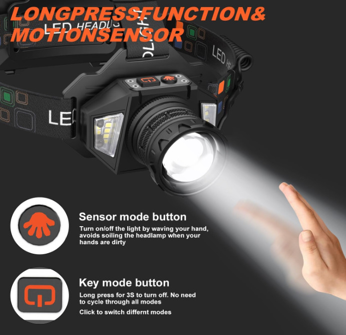 Linterna frontal LED recargable 3000 lúmenes con sensor, luz roja e IP65