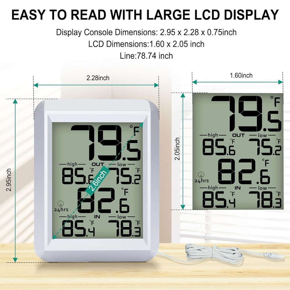 Digital LCD Thermometer for Home and Office - Wired, Waterproof, Compact Design