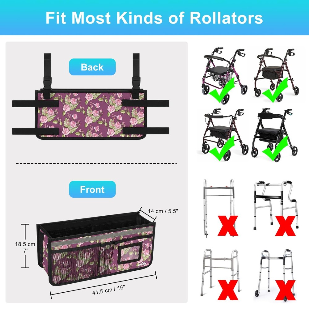 Rollator Basket, Rollator Walker Bag w/Cup Holder, Foldable Rolling Walker Wa...
