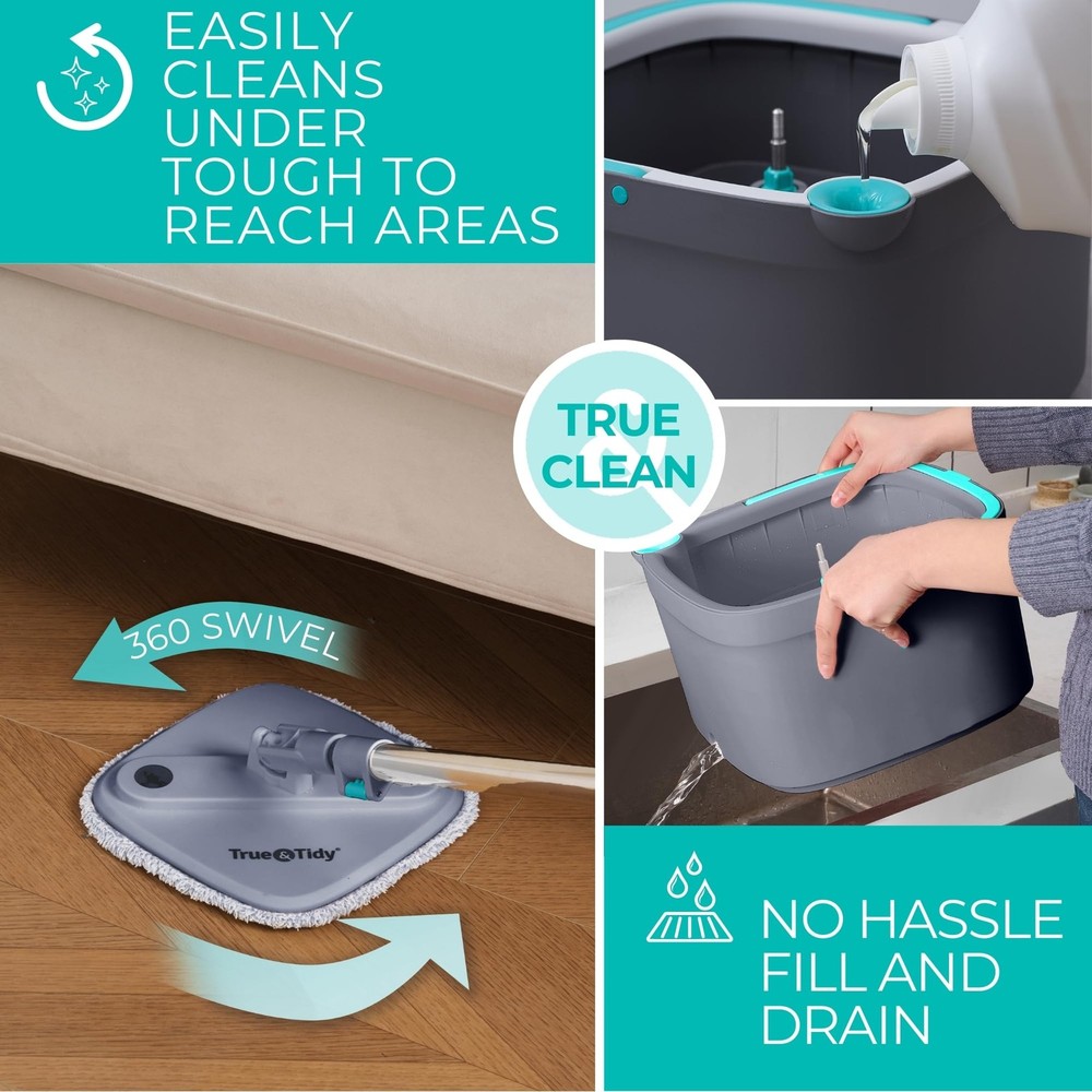 True Clean Spin Mop & Bucket System – Dual Compartment Design for Clean & Dir...