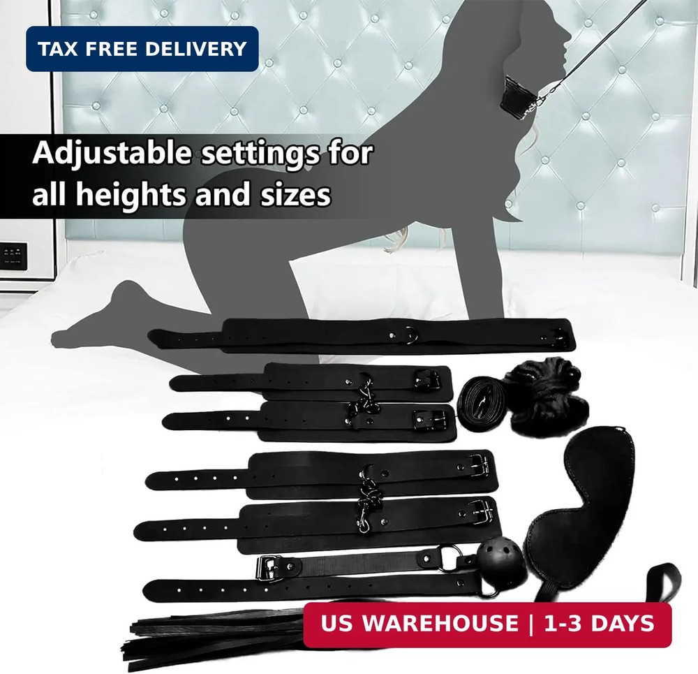 7-Pcs BDSM Kit for Beginners, Black Bondage Set for Couples with Adjustable Wris