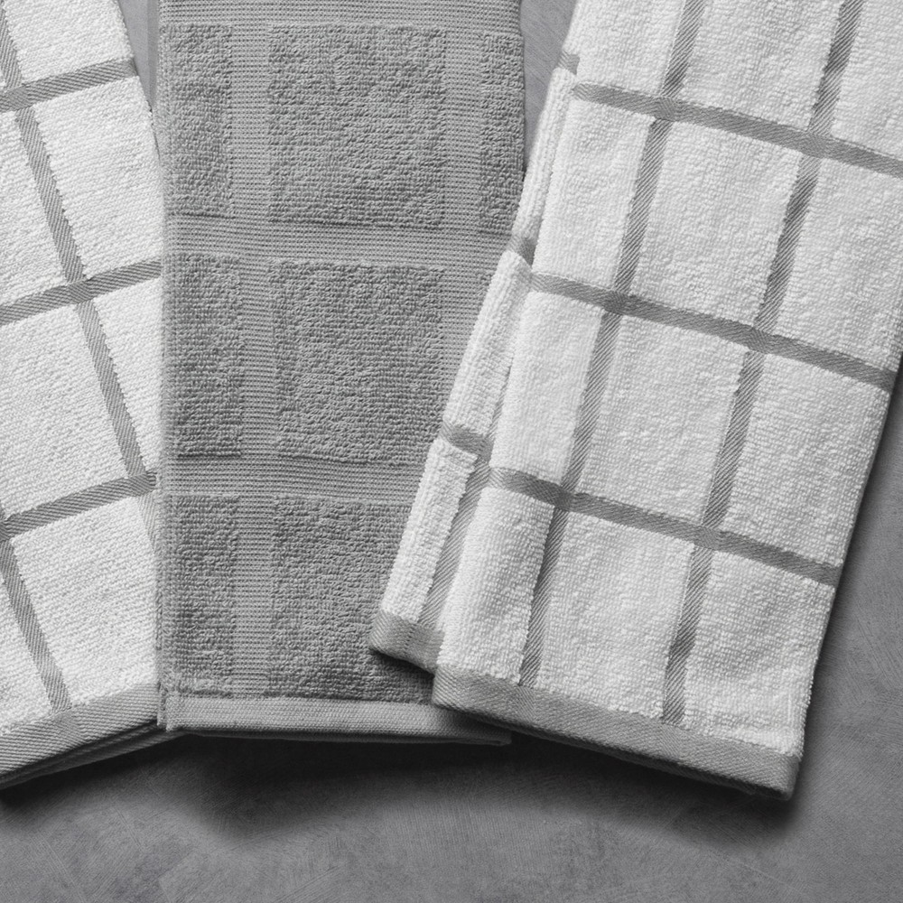 Kitchen Towels, Gray & White Windowpane, 5 Pack Set