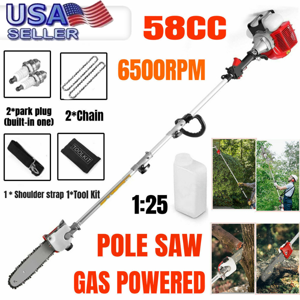 58CC 2 Stroke Gas Powered Pole Saw Chainsaws Tree Trimmer Long Reach Extendable
