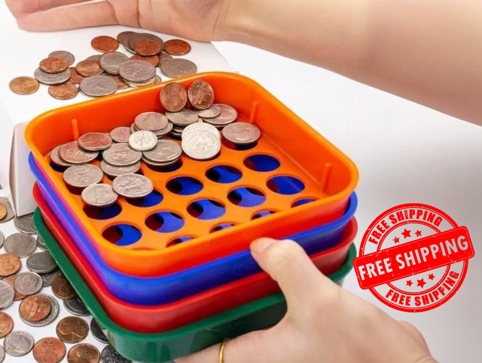 Stackable Coin Sorting Tray 4 Color Plastic Organizer &80 Assorted Coin Wrappers