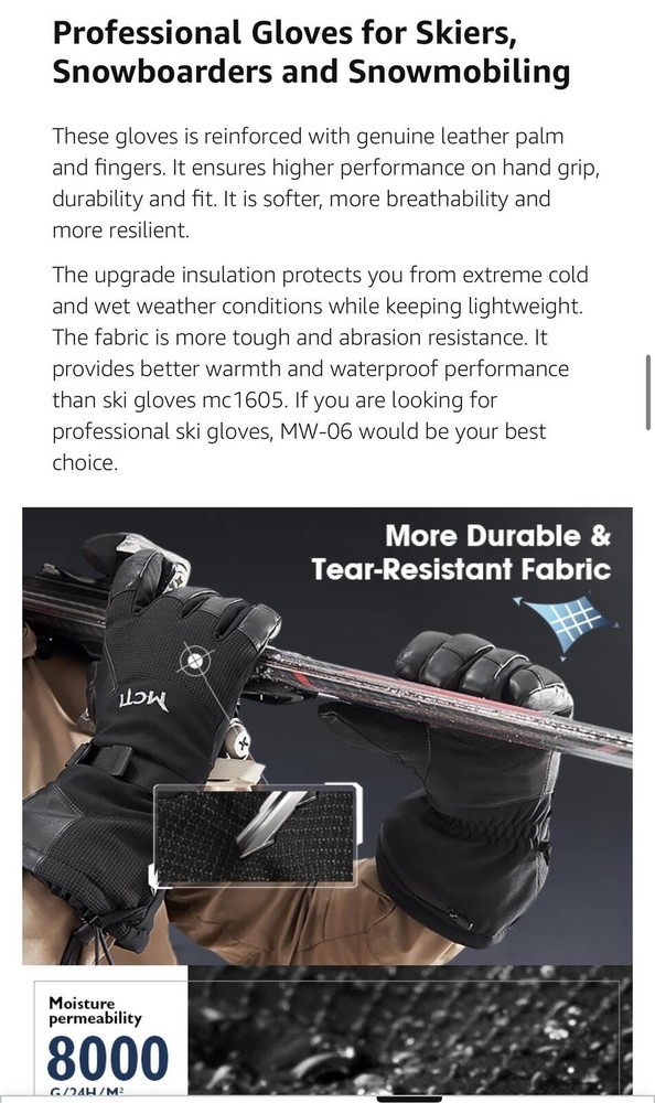 Mens Leather Waterproof Ski Gloves