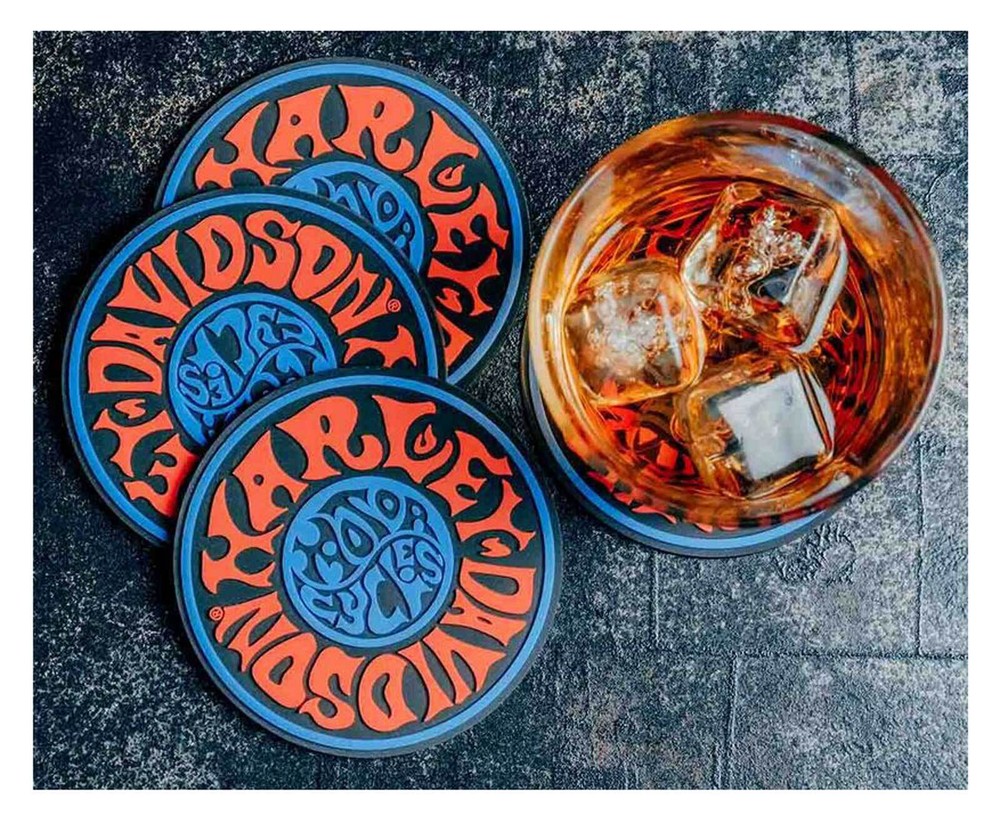 Harley-Davidson 1970s Psychedelic Coaster Set, Contoured Rubber Construction