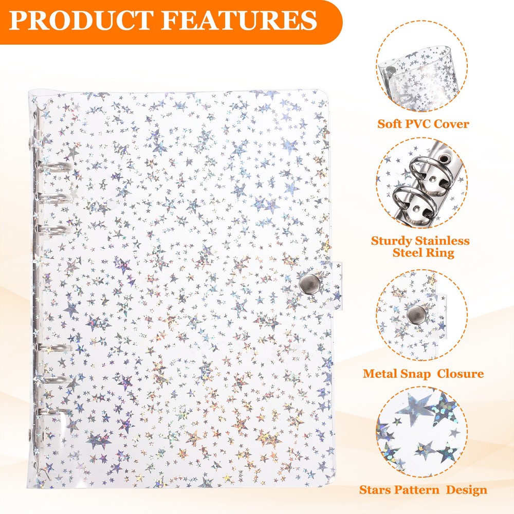 A5 Binder Cover, Stars Refillable Notebook Shell with Snap Button, Clear