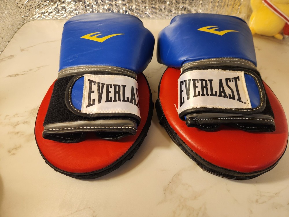 preowned!!! Everlast Blue Boxing Gloves & Red/Black Focus Mitts Training Set