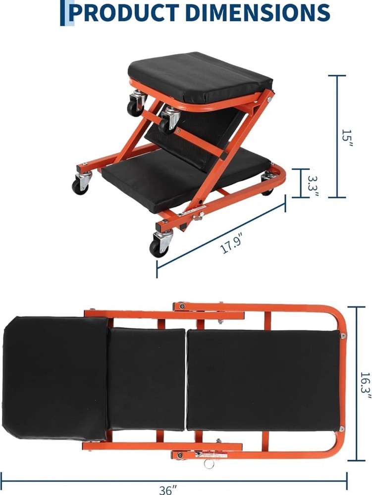 36" Rolling Foldable Automotive Creeper Rolling Portable Red Foldable Creeper