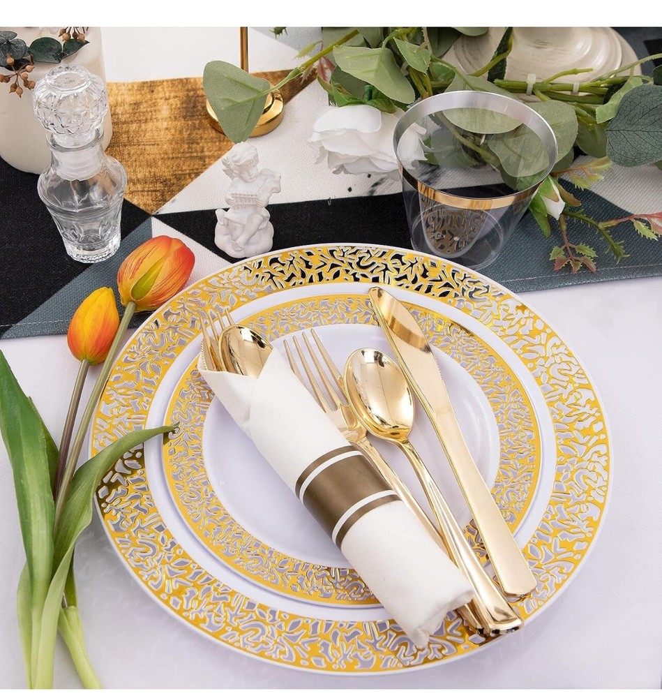 WELLIFE 335 Pieces Plastic Dinnerware,Disposable Lace Plates
