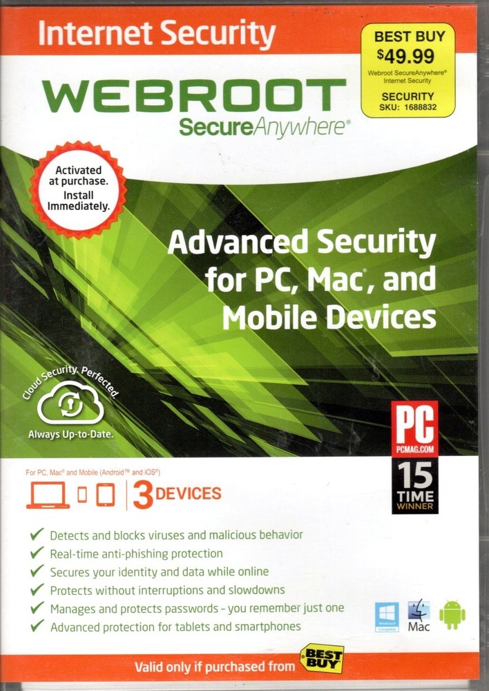 WEBROOT Secure Anywhere Internet Security, 3 Devices Antivirus Mobile PC Mac