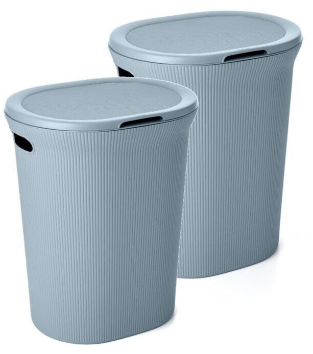 Ribbed Plastic Laundry Hamper with Lid 40 Liter - Stone Blue (2 Pack)