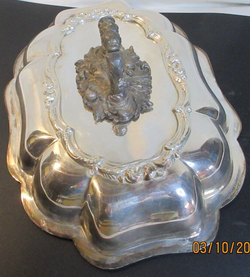 ANTIQUE~REPOUSSE~SILVER LIDDED WITH HANDLE SERVING DISH~~5.9 POUNDS