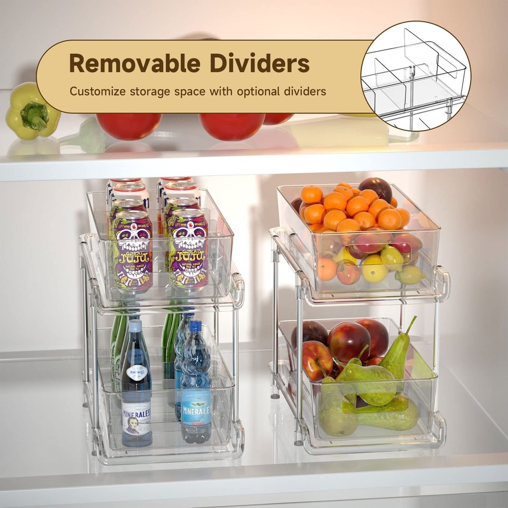 HIHEGD 2-Tier Bathroom Organizer with Dividers, Clear Under Sink and Pull-Out