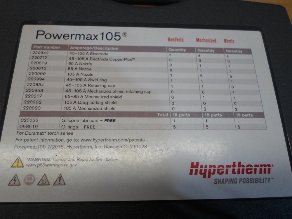 Hypertherm 851471 Consumable Kit Powermax105 Essential Handheld 105 A Cutting