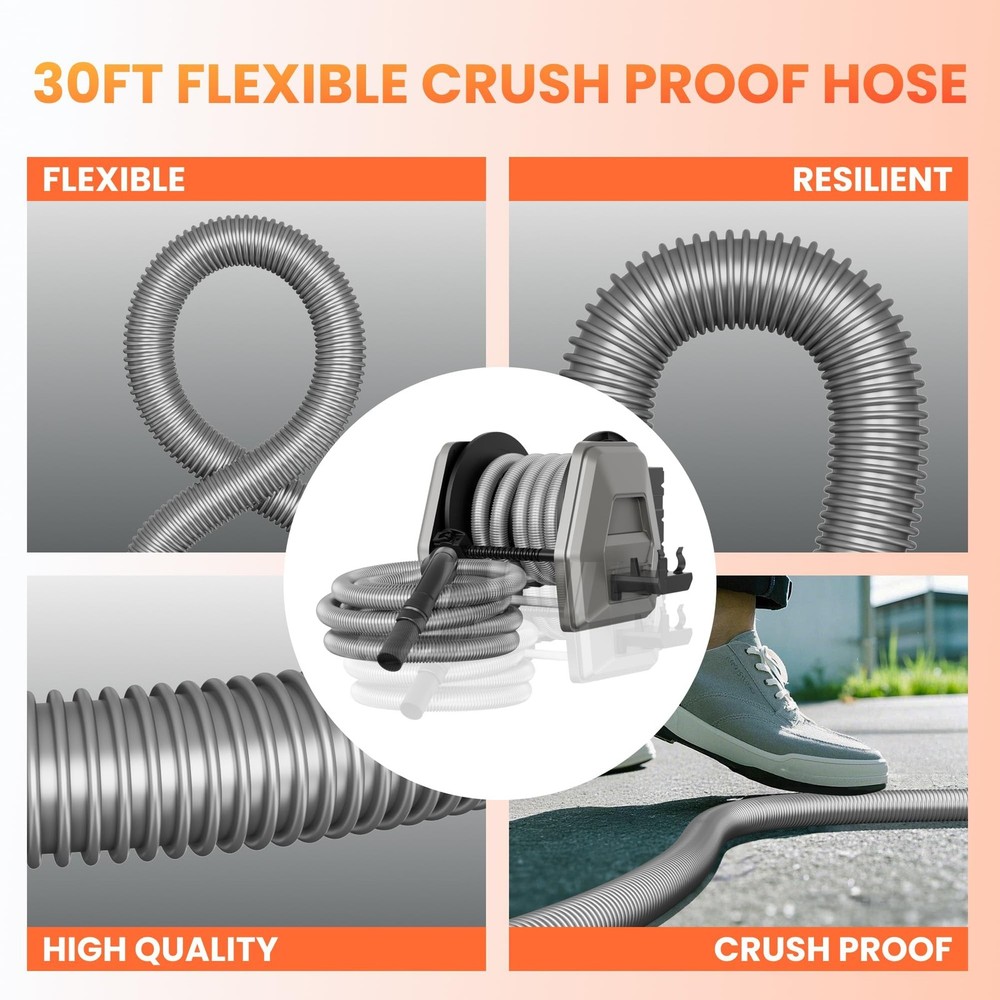 Vacuum Hose Reel with 30ft Replaceable Hose, Light Grey