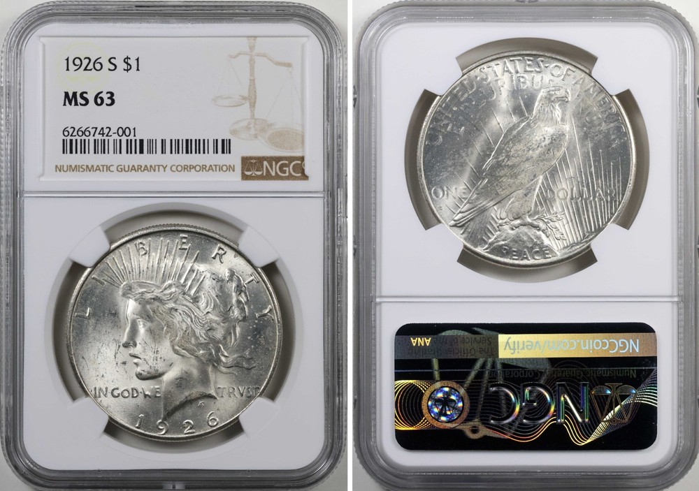 1926-S Peace Dollar NGC MS63 90% Silver MS 63