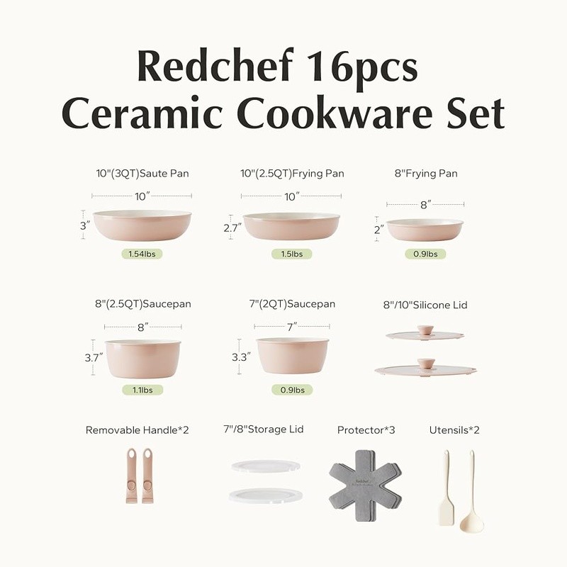 16pcs Nonstick Ceramic Cookware Set Stackable Oven Safe Removable Handle New