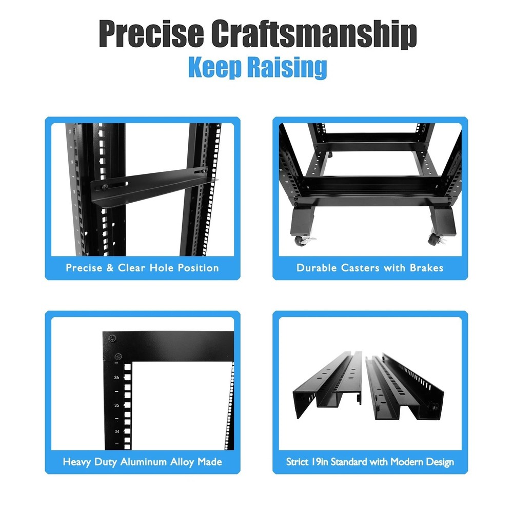 15U 4 Post Open Frame 19" Server Steel Rack 24" Deep With Supporting rails
