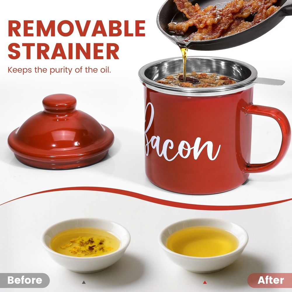 Bacon Grease Container with Strainer - 46oz Enamel 46oz, Red