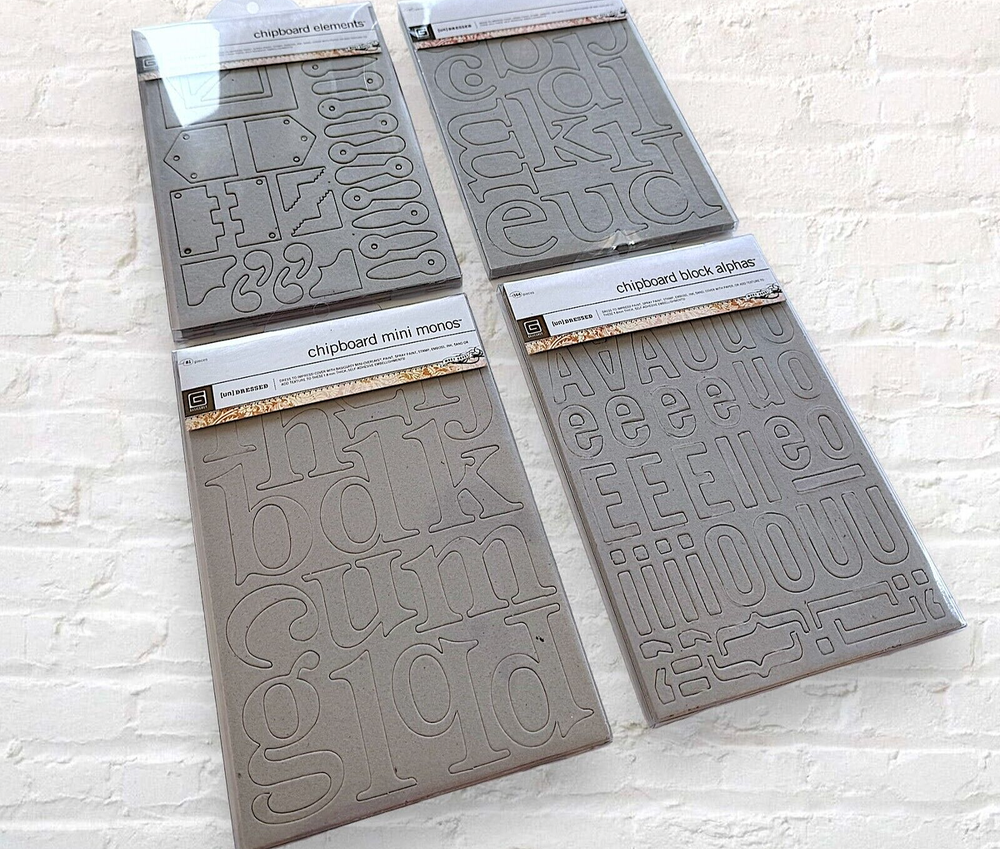 4 Pks Chipboard Asst Alphabet Letters & Elements Self-Adhesive Basic Grey 300+