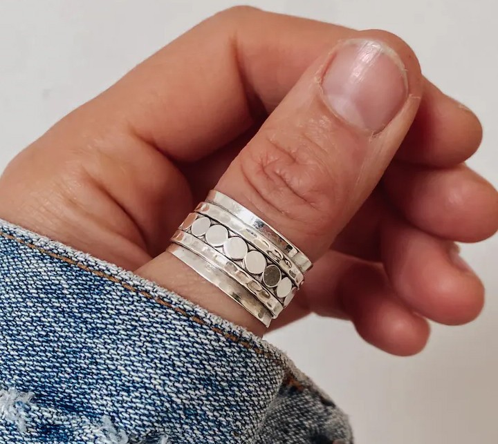 Solid 925Sterling Silver Spinner Wide Hammered Band Anxiety Fidget Handmade Ring