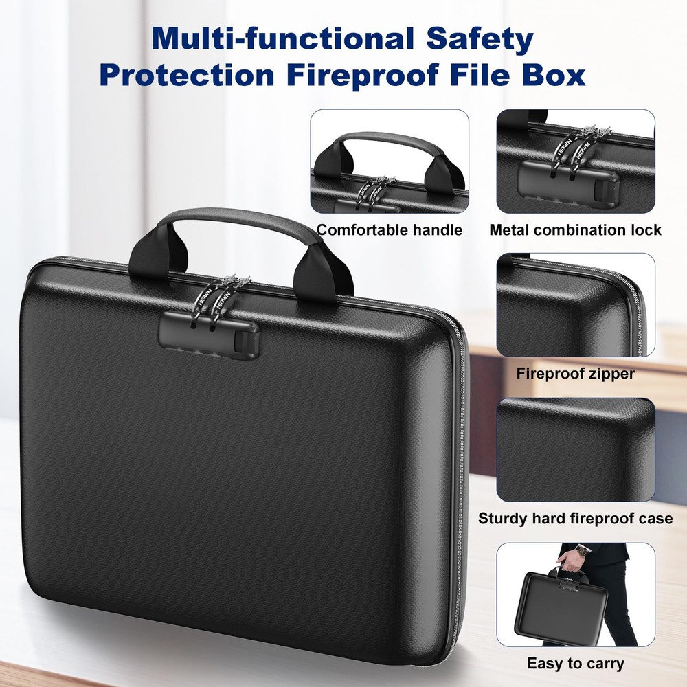 Best Fireproof Document Box Hard Case File Organizer with Lock and 13 Pocket