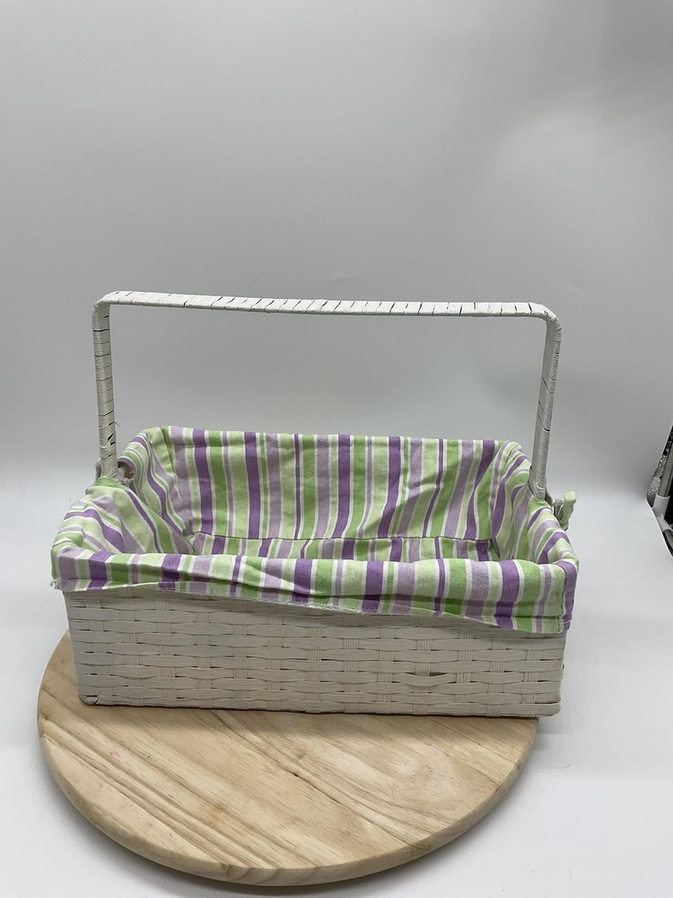 White Wicker Rectangular Basket Handle Lined Striped Fabric Insert Storage Tray