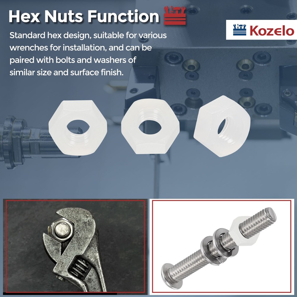 100pcs Hex Nuts - [M3-0.5] Nylon Hardware Nuts, White, UNC