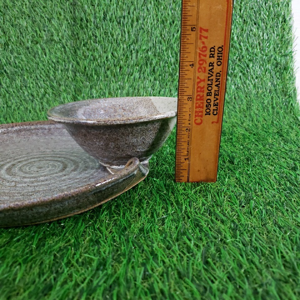 Studio Art Pottery Chip Dip Serving Platter Stoneware Round Signed Cottage Gray