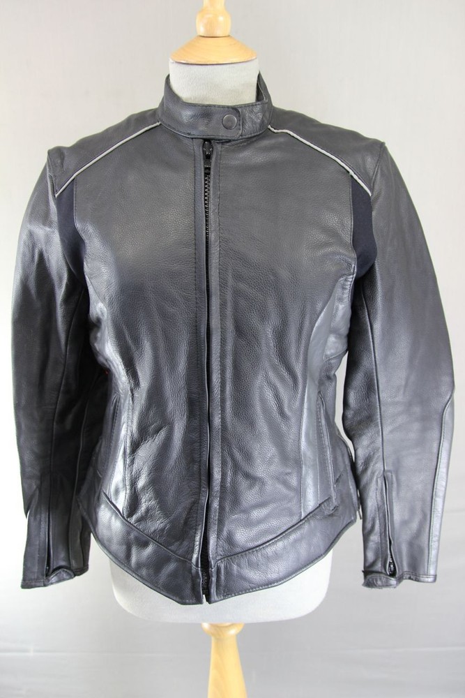 SKINTAN BLACK & SILVER COWHIDE LEATHER BIKER JACKET WITH THERMAL LINING: SIZE 14