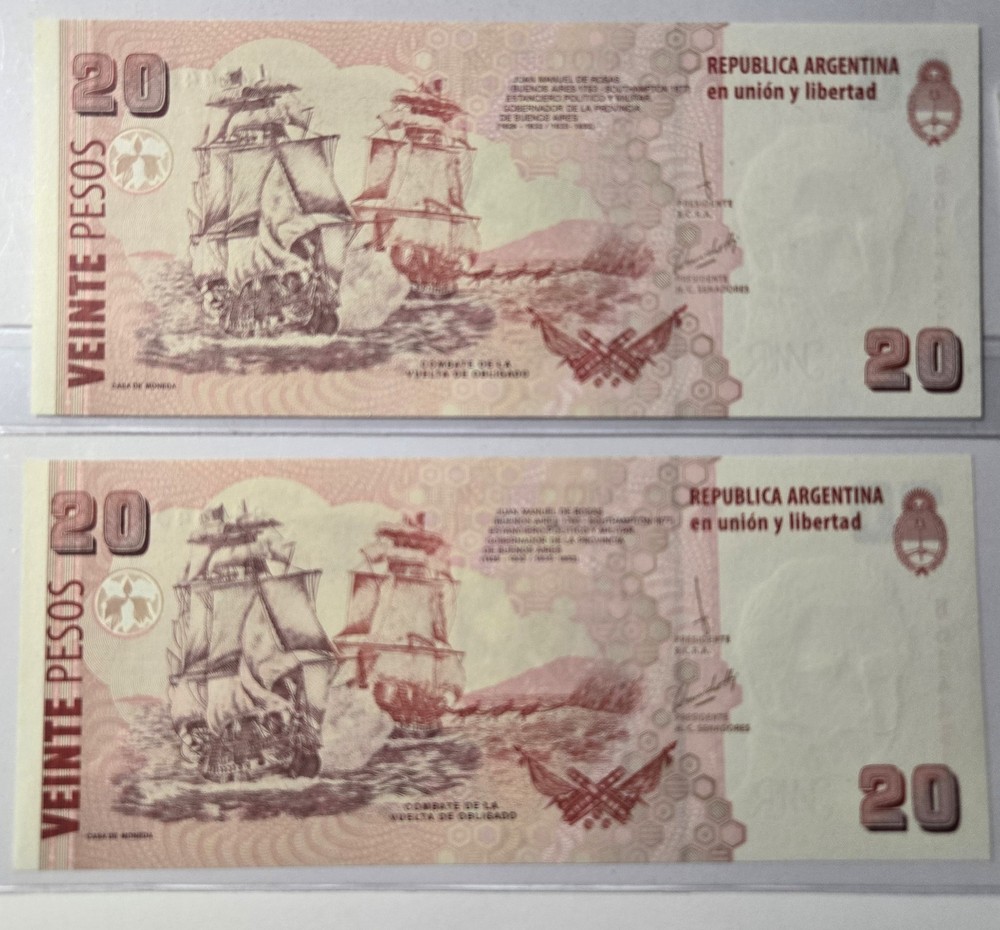 2016 Argentina 20 Pesos (2 Note Set) Uncirculated (Pick-355c)