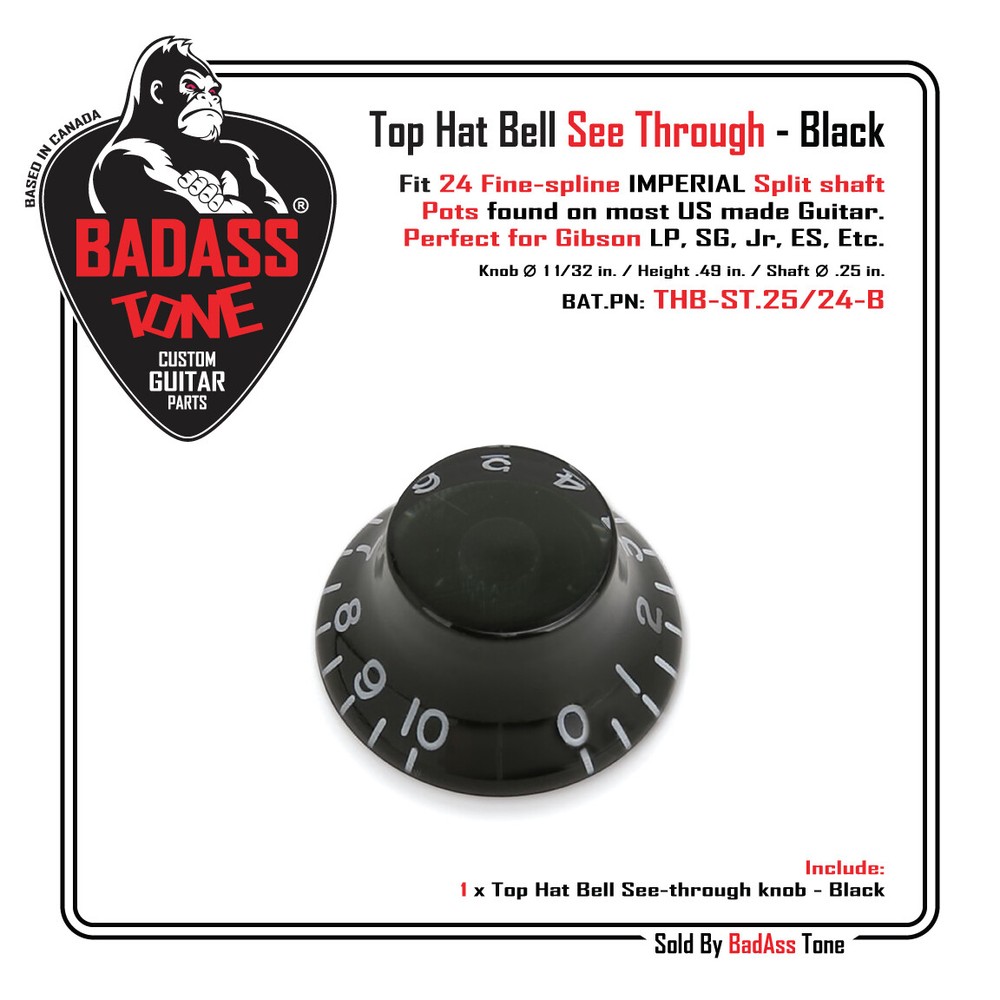 High Quality Black Top Hat Bell Knobs - 1/4 Shaft / 24 Fine-Spline