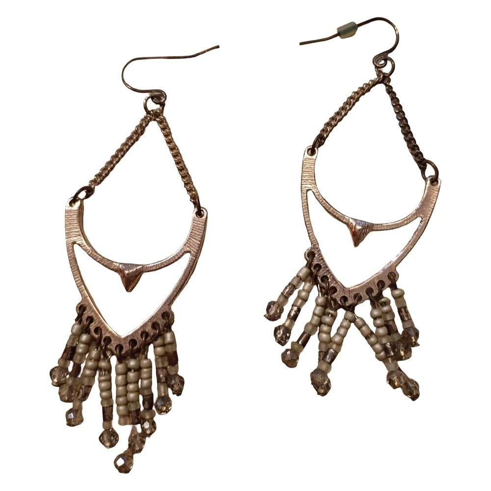 Boho Silver-Tone Dangle Earrings with White Bead Fringe