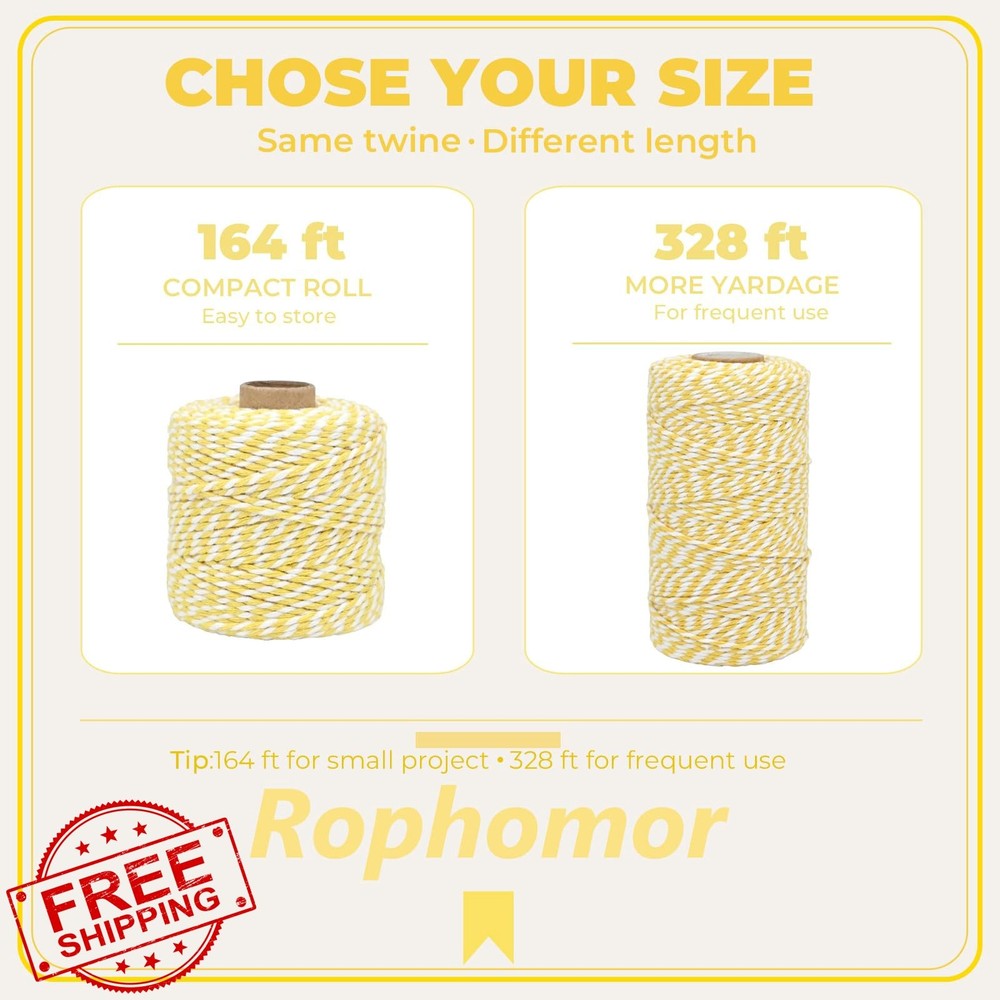 Yellow White Cotton Twine String, 328 Ft, 2mm Thick, Craft Gift Wrap