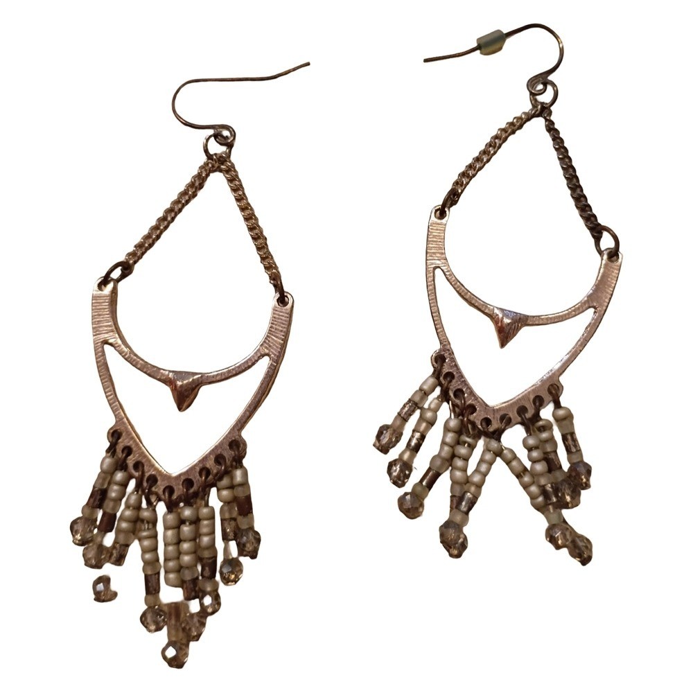 Boho Silver-Tone Dangle Earrings with White Bead Fringe
