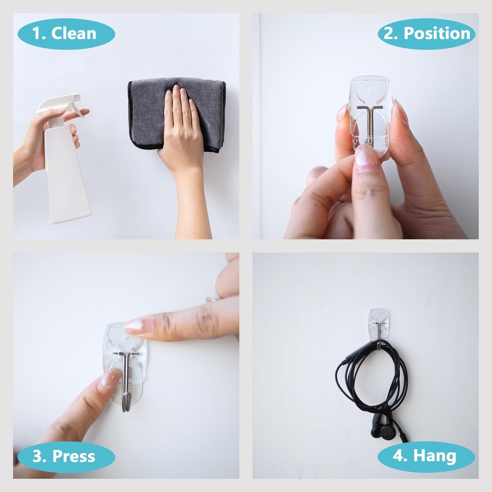 30 Small Hooks+40 Removable Strips, Clear Wire Utility Hooks with Adhesive St...