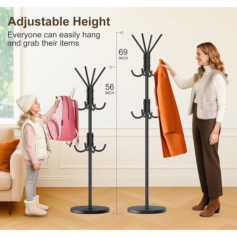 Freestanding Coat Rack W/ 12 Hooks Adjustable Height Heavy Duty Storage New