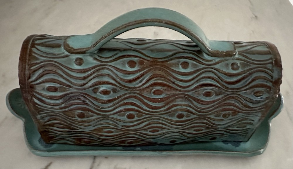 Textured Ceramic Studio Pottery Turquoise Butter Dish W Lid, top handle