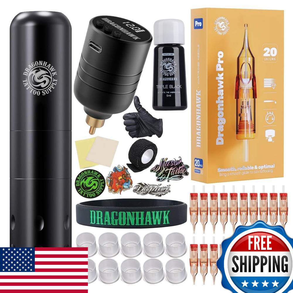 Dragonhawk S9 Complete Tattoo Kit: Machine, Battery, Needles, Ink - Beginner Set