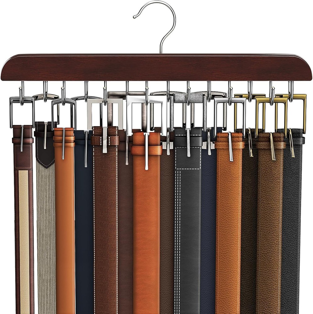 Compact Mahogany Belt Storage Solution with 14 Hooks – Elevate Your Closet Style