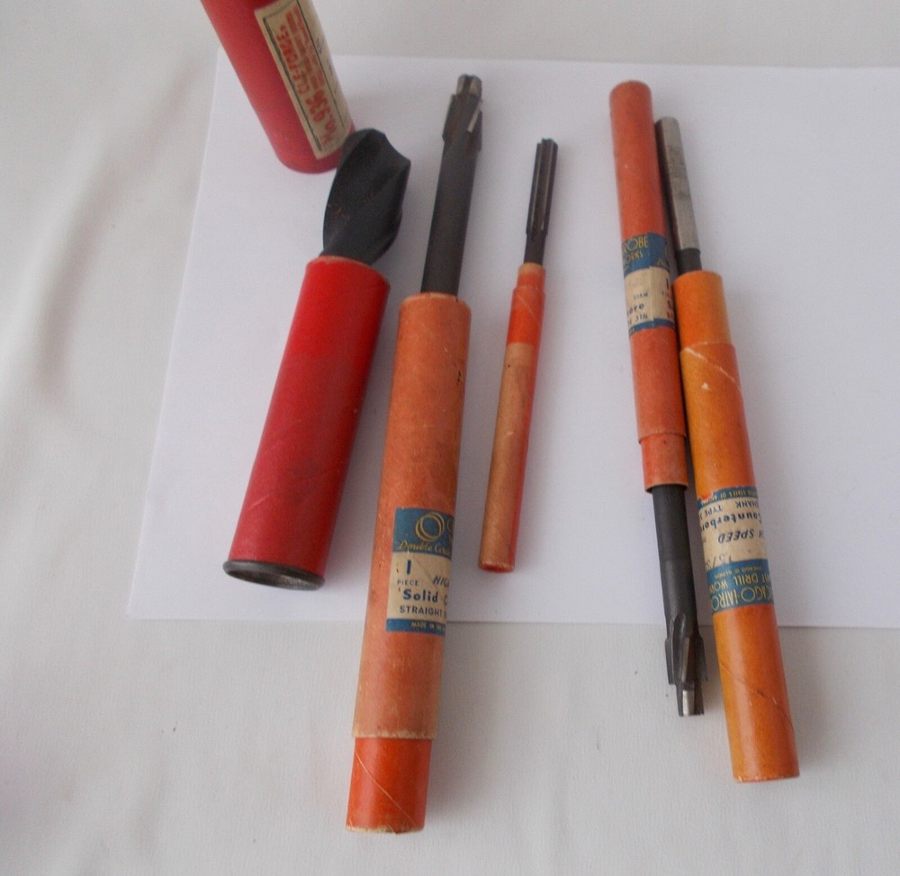 5 Different Drilling Boring BITS~~Vintage in Cylindrical Tubes