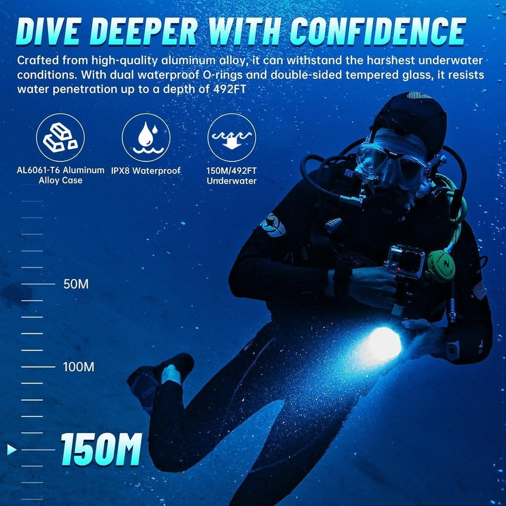 WK20S Scuba Diving Flashlight,2000 Lumen Dive Flashlight 363M Long Range SST40
