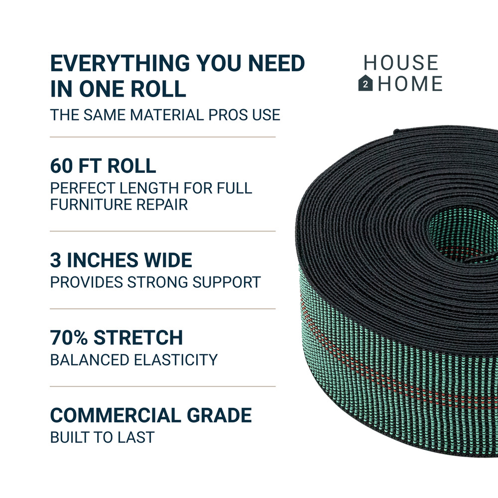 House2Home 3" Elastic Upholstery Webbing 60ft Roll 70% Stretch Back Support